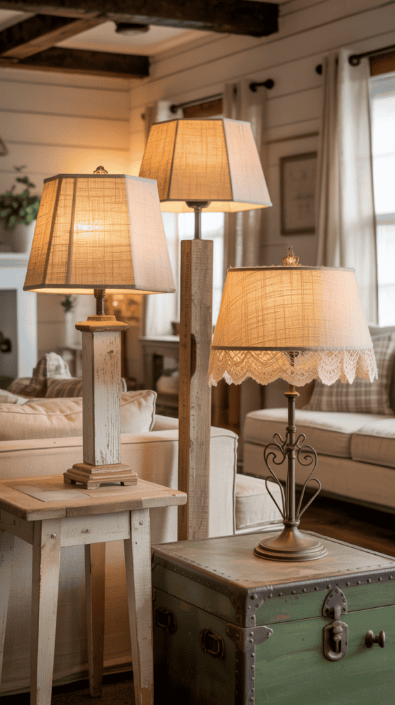 Three vintage lamps with warm beige shades are arranged in a cozy living room with rustic wooden furniture.