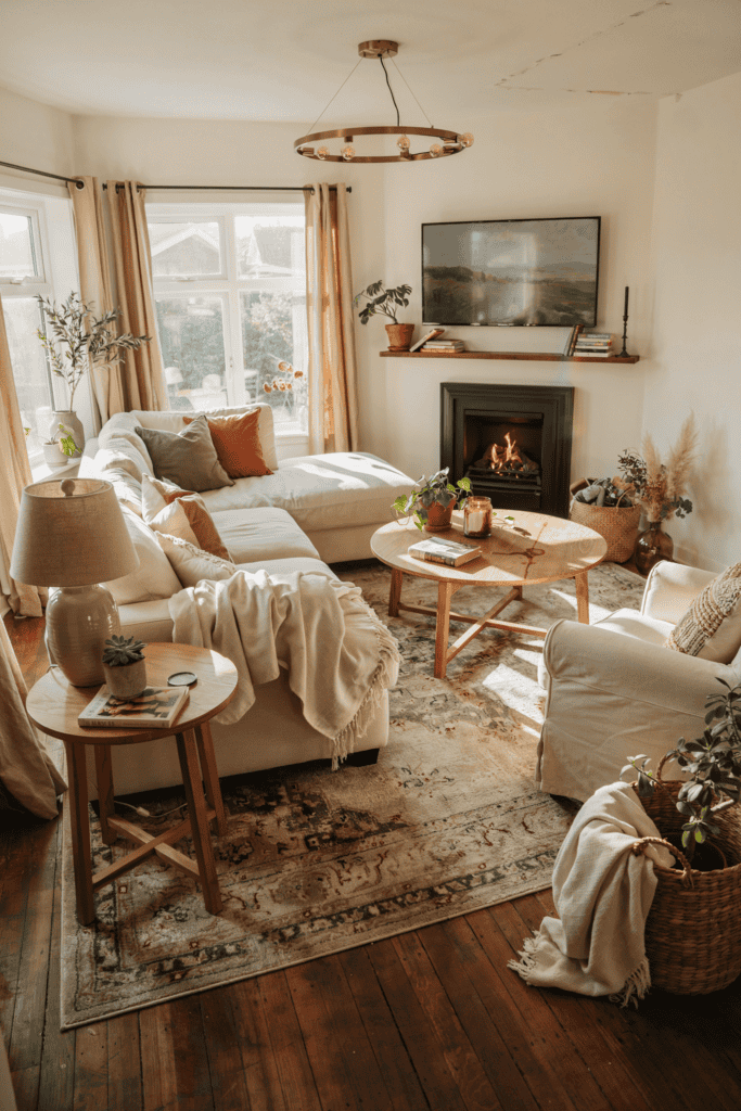 A cozy living room with a beige sectional sofa, a lit fireplace, wooden tables, and plants, creating a warm, inviting atmosphere.