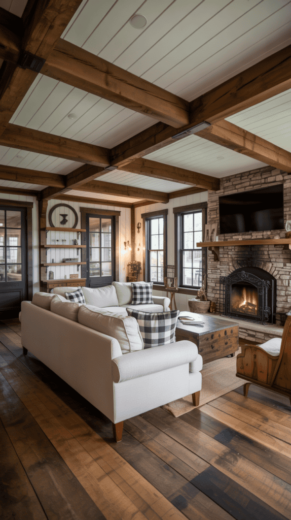 Cozy living room with a stone fireplace, white sofa, plaid pillows, wooden ceiling beams, and a large coffee table.