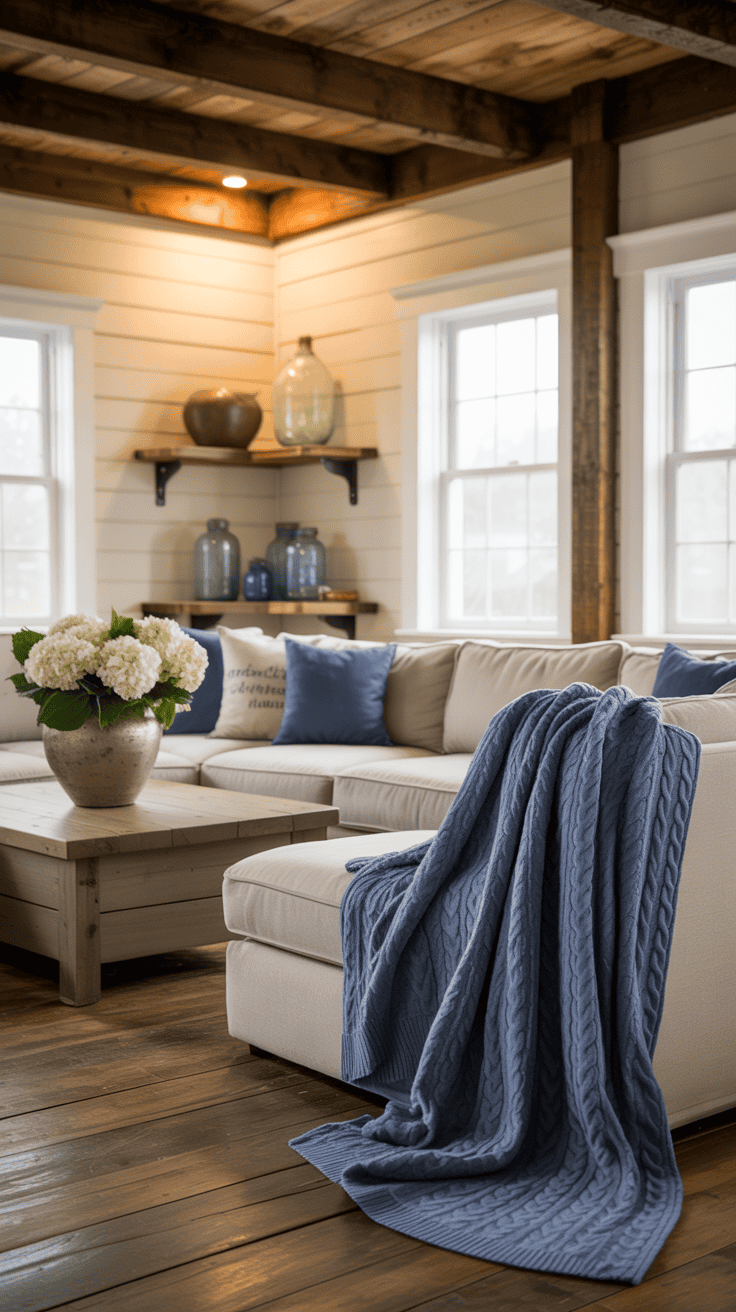 Cozy living room with a beige sectional sofa, blue knitted blanket, wooden coffee table with white flowers, and decorative vases.