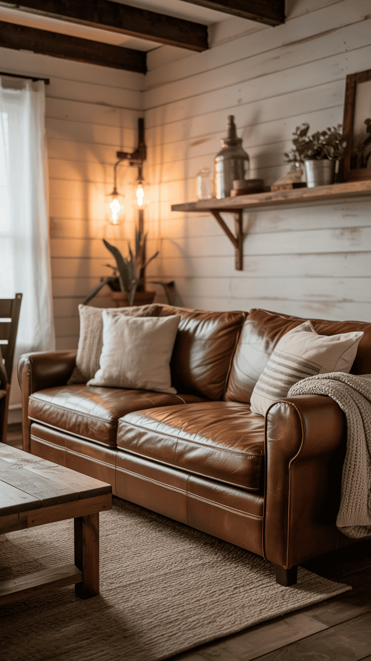 A cozy living room with a brown leather couch, cushioned pillows, a wooden coffee table, and soft lighting from wall lamps.