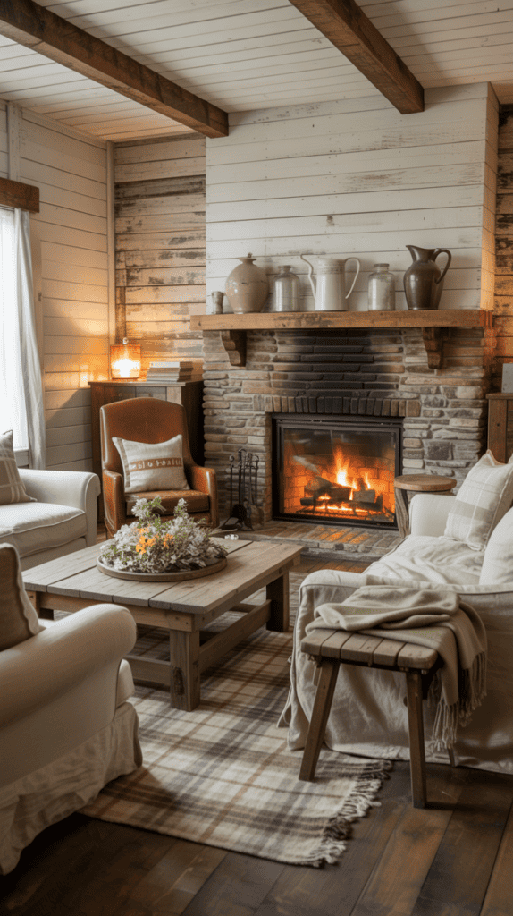 Cozy living room with a stone fireplace, comfy chairs, and a wooden coffee table topped with flowers, set in rustic decor.