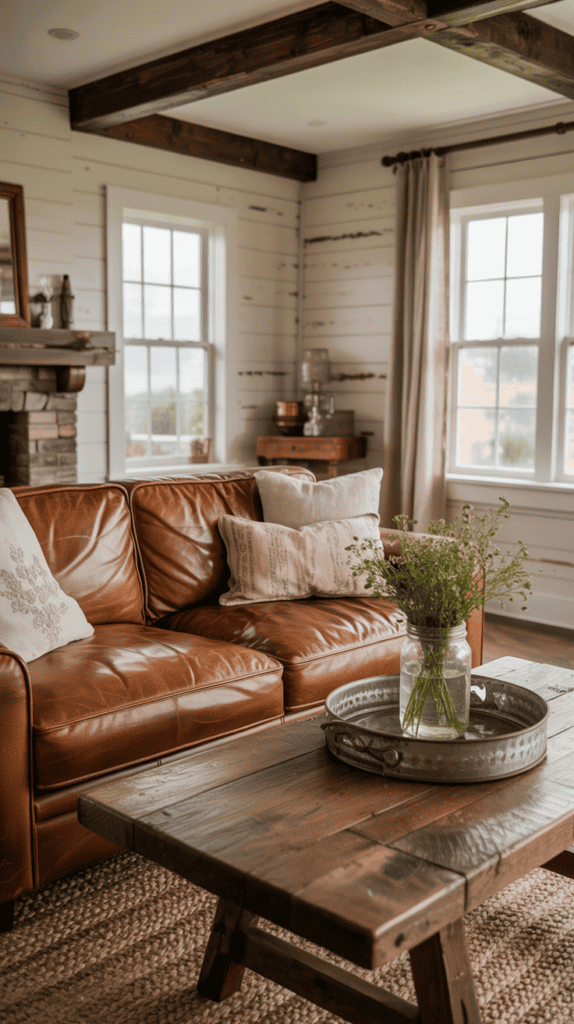 A cozy living room with a brown leather sofa, adorned with pillows, a wooden coffee table holding a flower vase, and large windows.