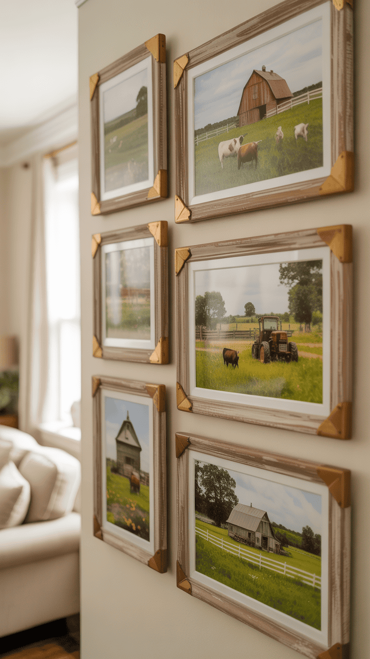 Six framed photos of rural farm scenes with barns, cows, and a tractor, displayed on a cream-colored wall.