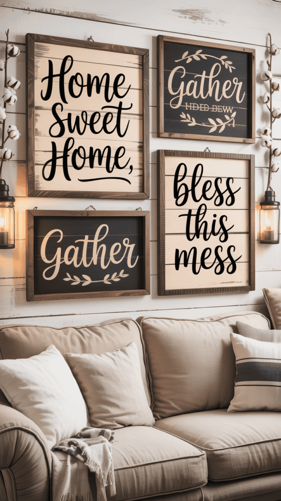 A cozy living room with framed signs reading "Home Sweet Home," "Gather," "bless this mess," and a second "Gather."