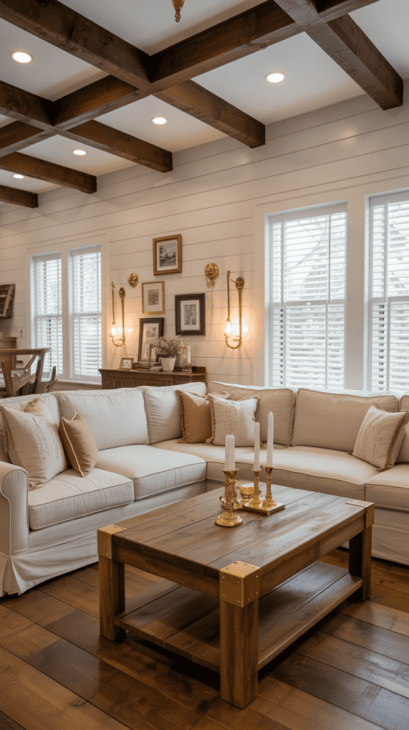 Cozy living room with white sofas, a wooden coffee table with candlesticks, framed photos on the wall, and exposed wooden beams on the ceiling.