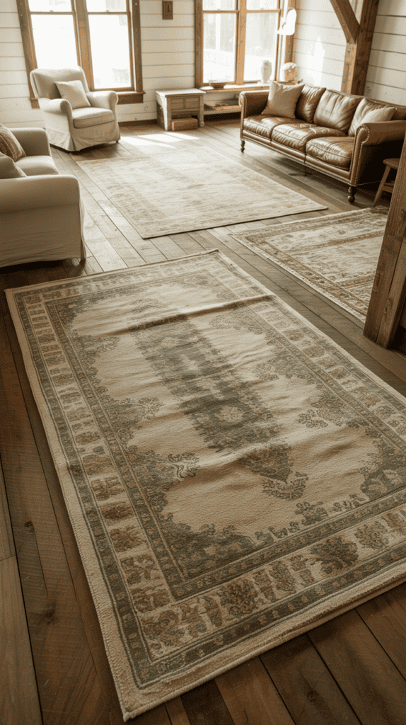 A cozy living room with wooden floors, patterned rugs, a leather sofa, and armchairs near large windows.