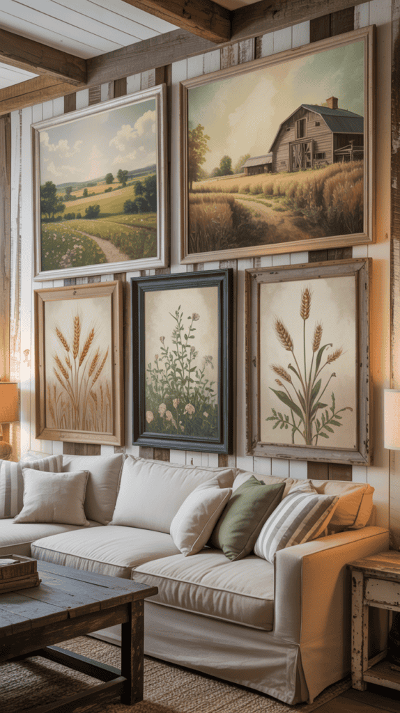 A cozy living room with a white sofa beneath a wall displaying five rural-themed paintings.
