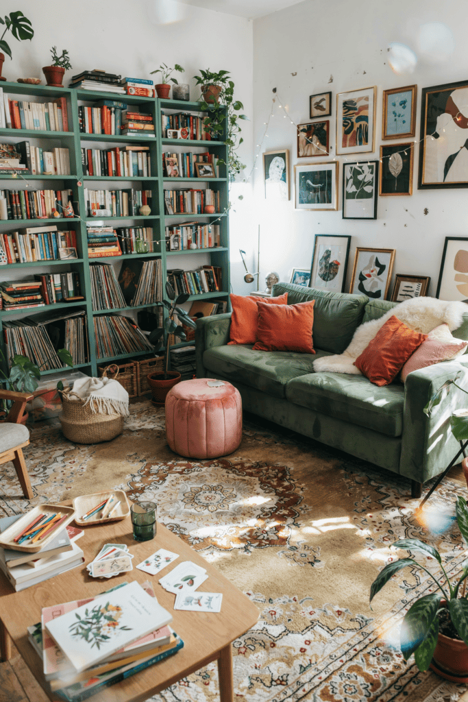 A cozy living room with a green couch, colorful pillows, a bookshelf filled with books, and various framed artworks on the walls.