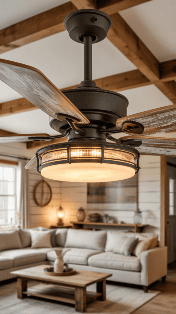 A ceiling fan with wooden blades and a light fixture is mounted in a cozy living room with a beige sofa and wooden beams.