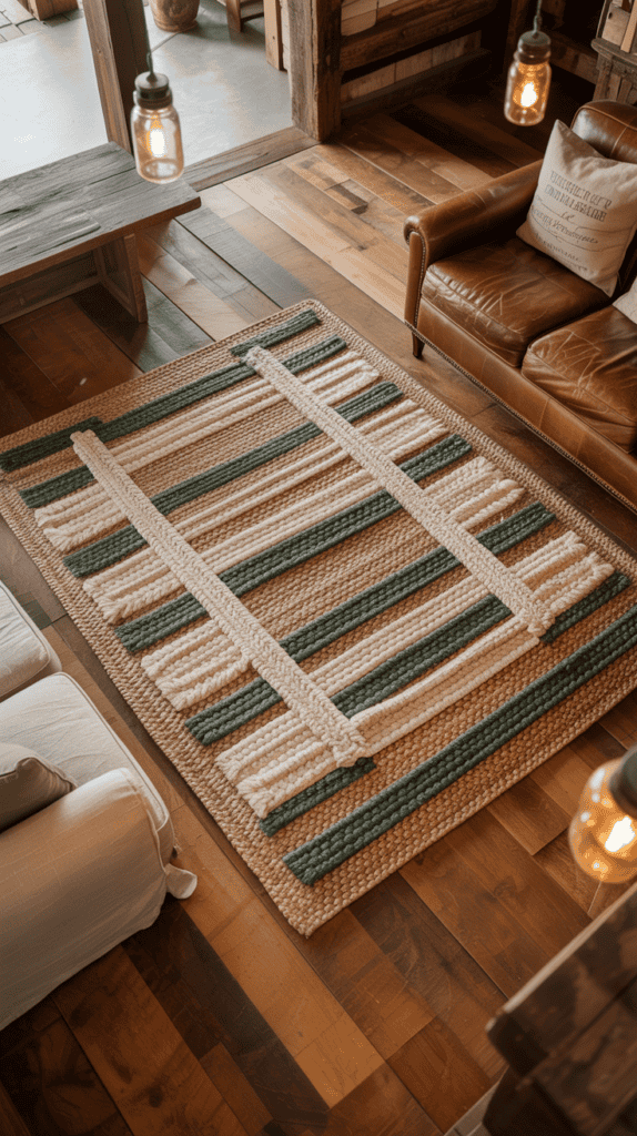A woven rug with green, cream, and beige stripes on a wooden floor between a leather armchair and a white sofa.