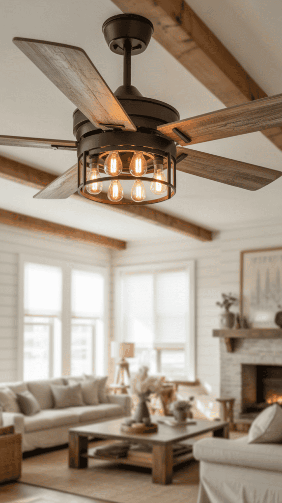 Ceiling fan with wooden blades and an industrial-style light fixture in a cozy living room with a fireplace.