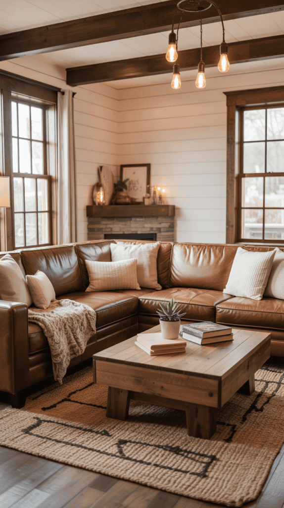 A cozy living room with a brown leather sectional sofa, wooden coffee table, and exposed beam ceiling, warmly lit by Edison bulbs.