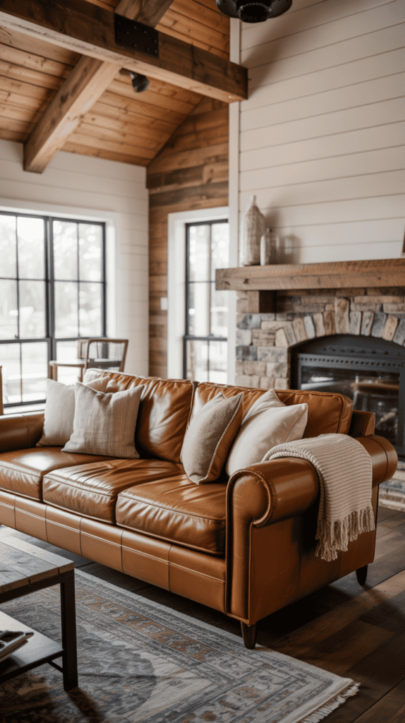 Brown leather sofa with pillows and a throw blanket in a cozy living room featuring wooden beams, large windows, and a stone fireplace.