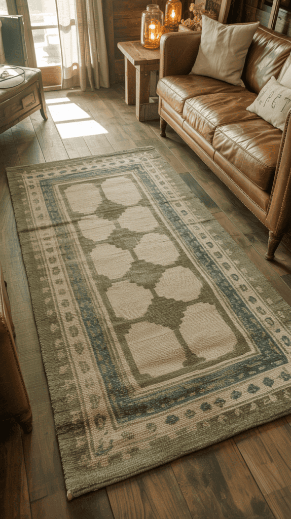 A patterned area rug with green and blue geometric designs on a wooden floor between a leather sofa and a wooden table.