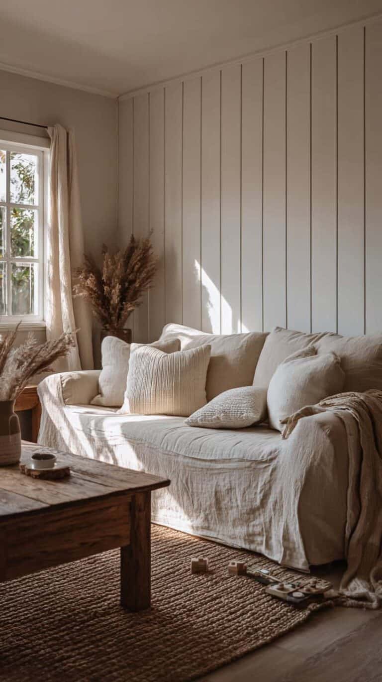 Cozy living room with a beige sofa, pillows, and a wooden coffee table. Natural light streams through a window onto the floor.