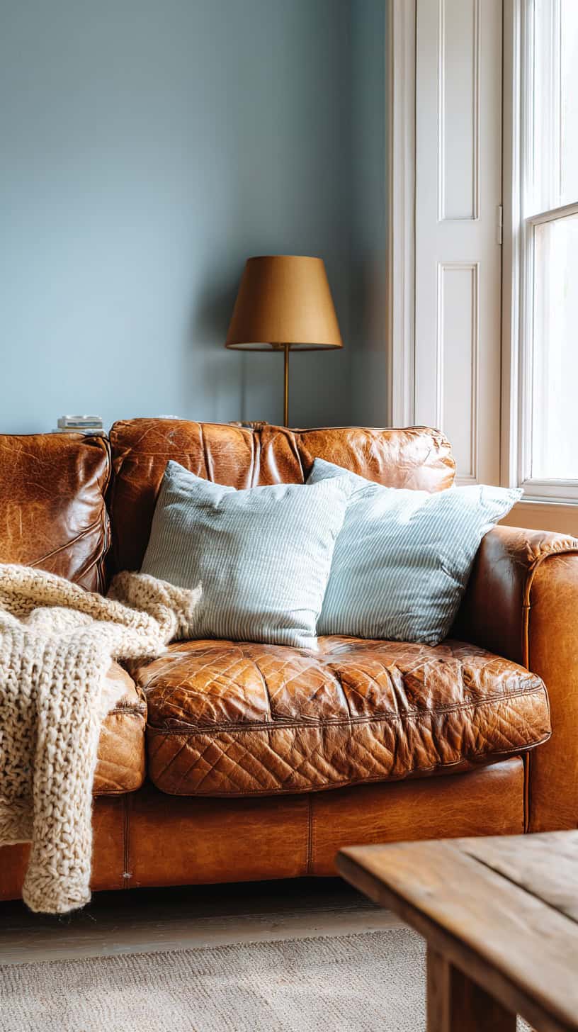 Blue Brown Leather Couch - Image 1