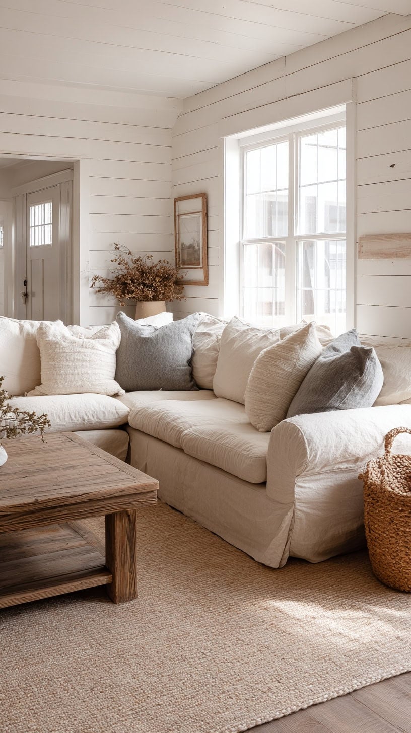A cozy living room with a white sectional sofa, neutral pillows, a rustic wooden coffee table, and a woven basket on the floor.