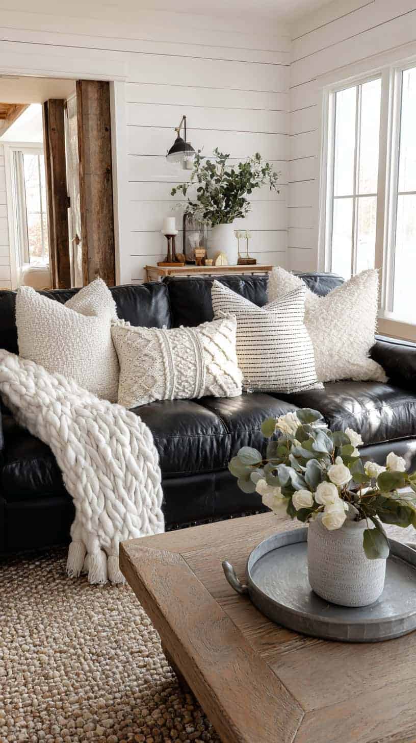 Farmhouse Living Room With Black Couch