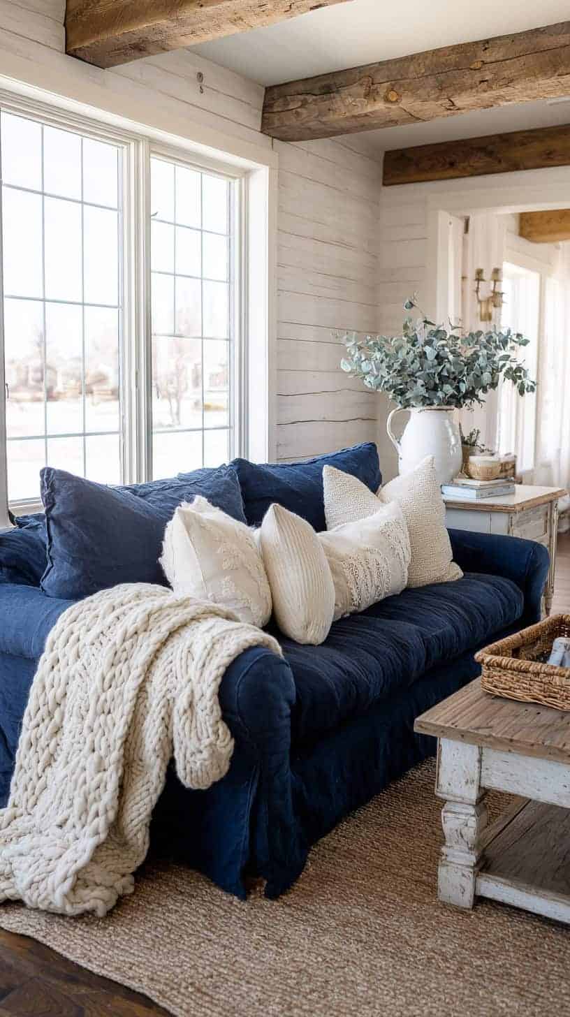 Farmhouse Living Room With Blue Couch