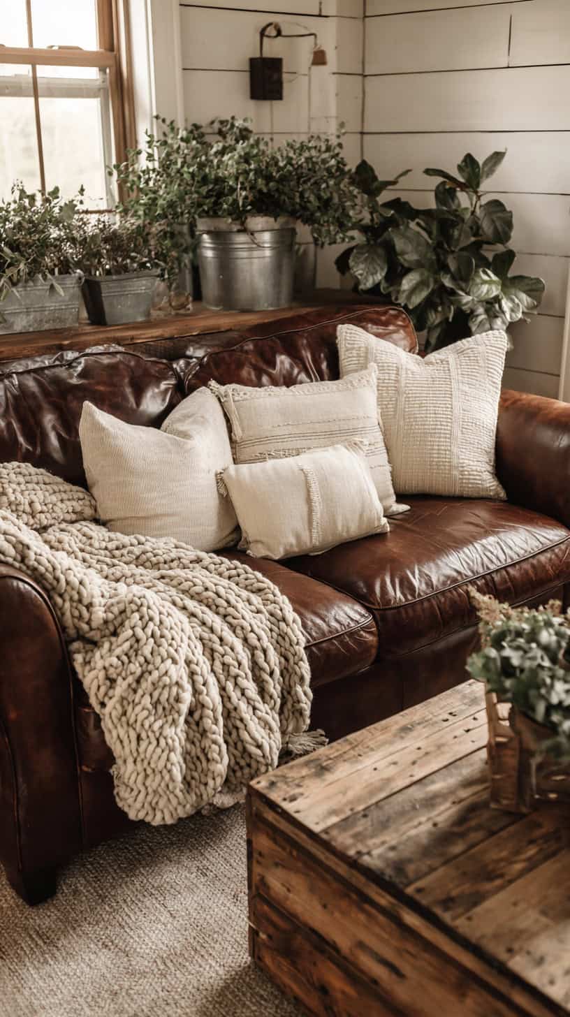 Farmhouse Living Room With Brown Couch - Image 2