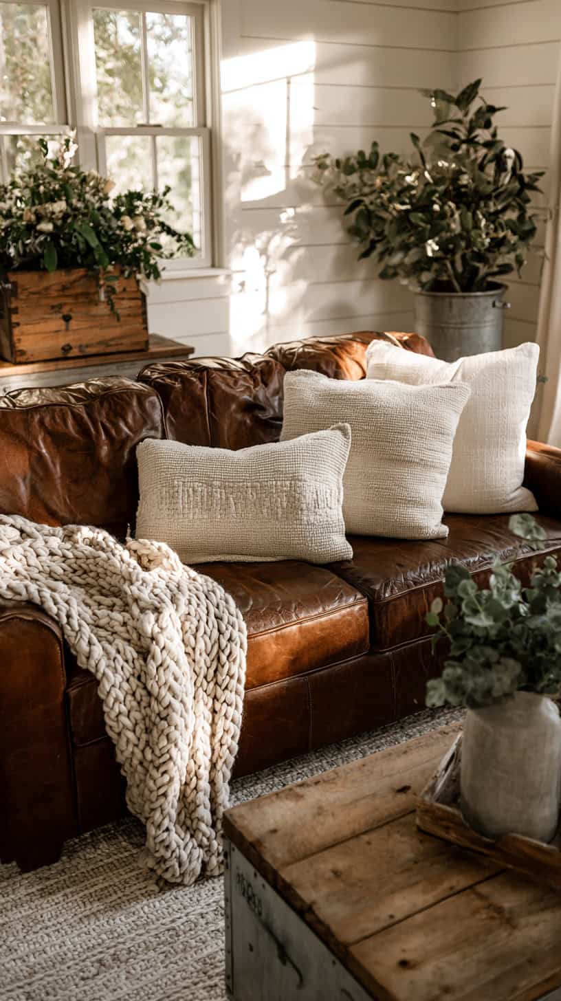 Farmhouse Living Room With Brown Couch - Image 1