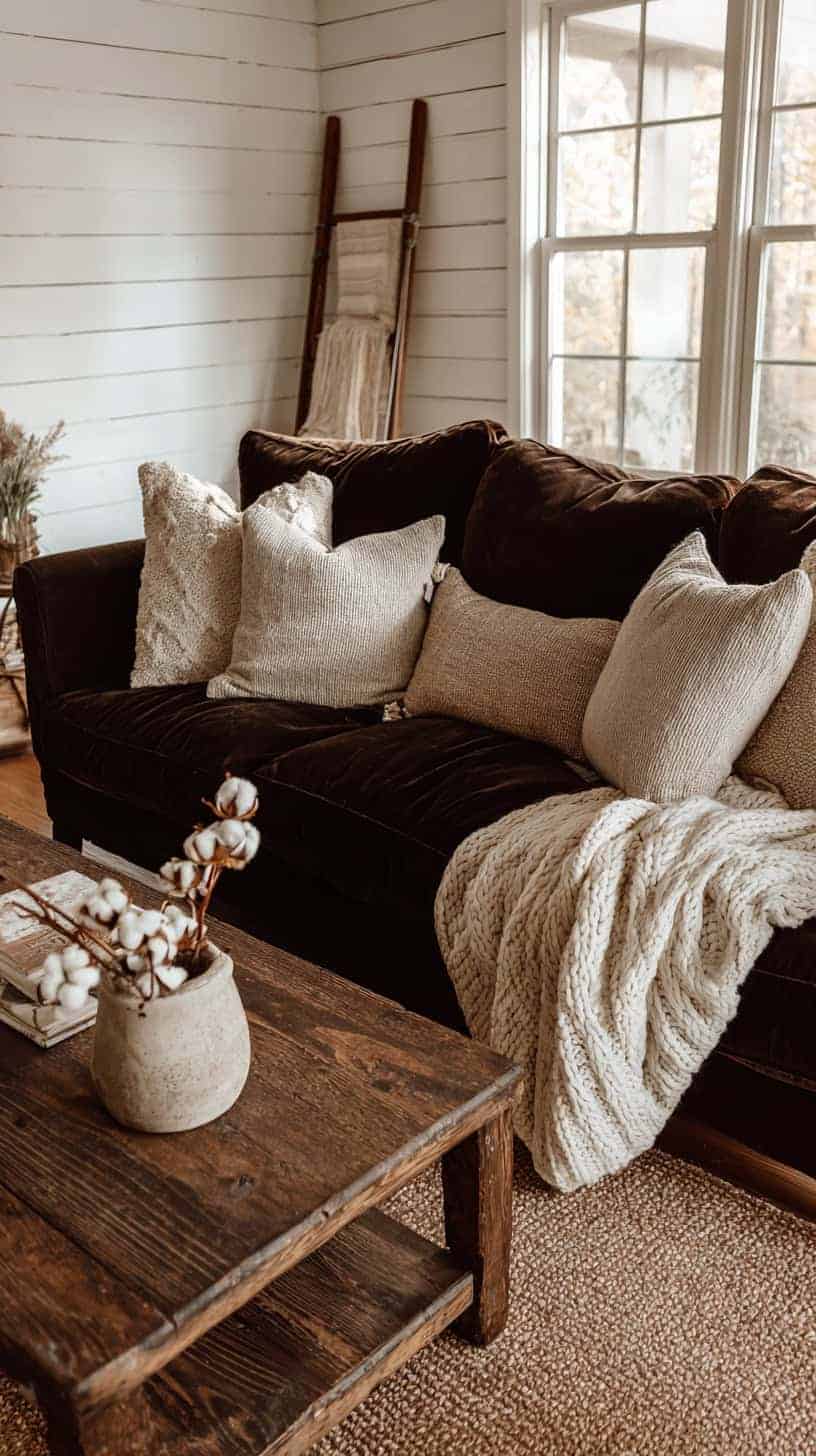 Farmhouse Living Room With Dark Brown Couch