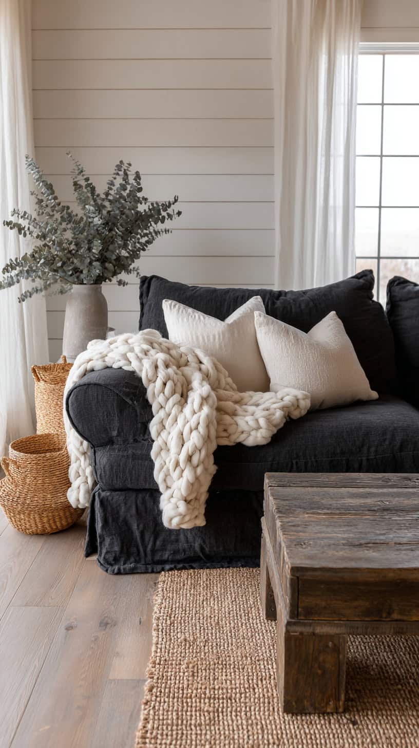 Farmhouse Living Room With Dark Couch - Image 2