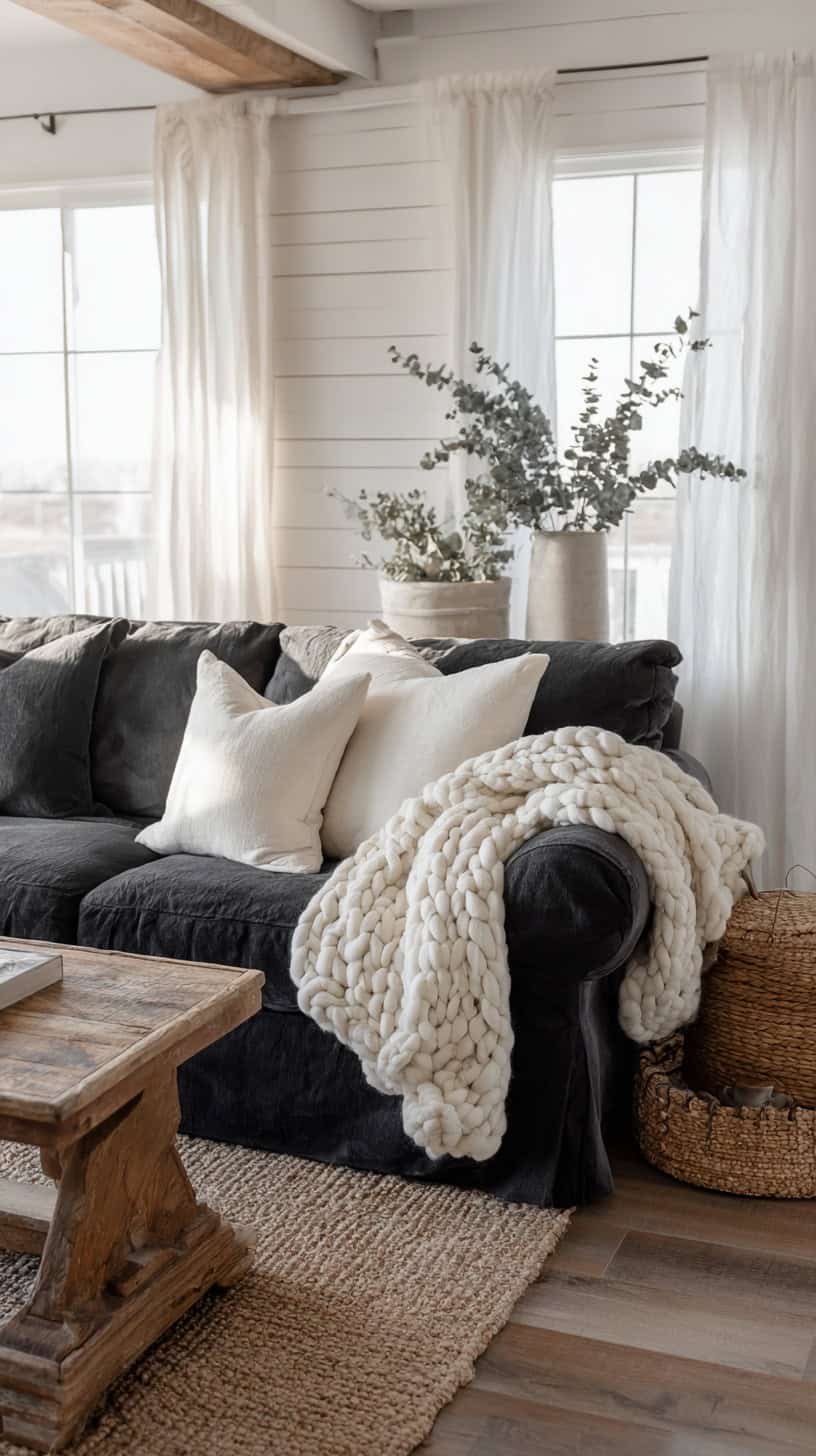 Farmhouse Living Room With Dark Couch - Image 1