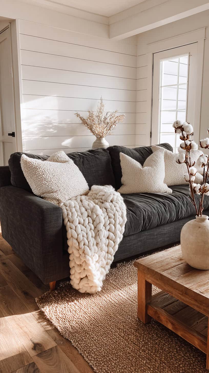 Farmhouse Living Room With Dark Grey Couch - Image 2