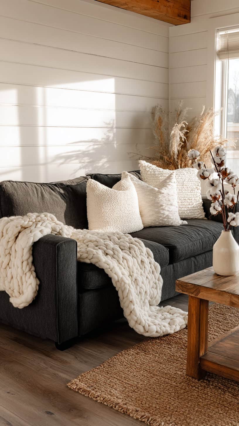 Farmhouse Living Room With Dark Grey Couch - Image 1