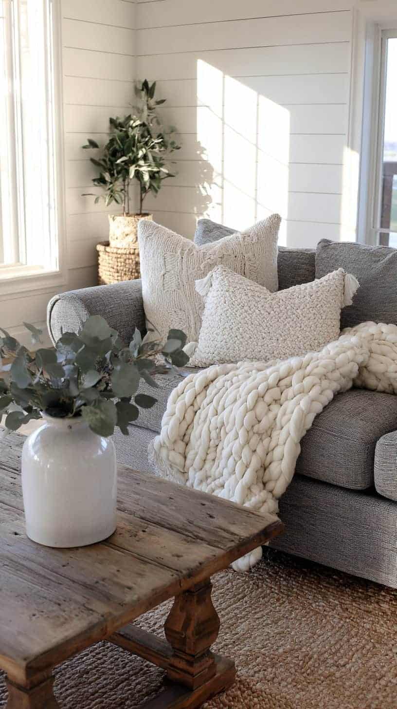 Farmhouse Living Room With Gray Couch