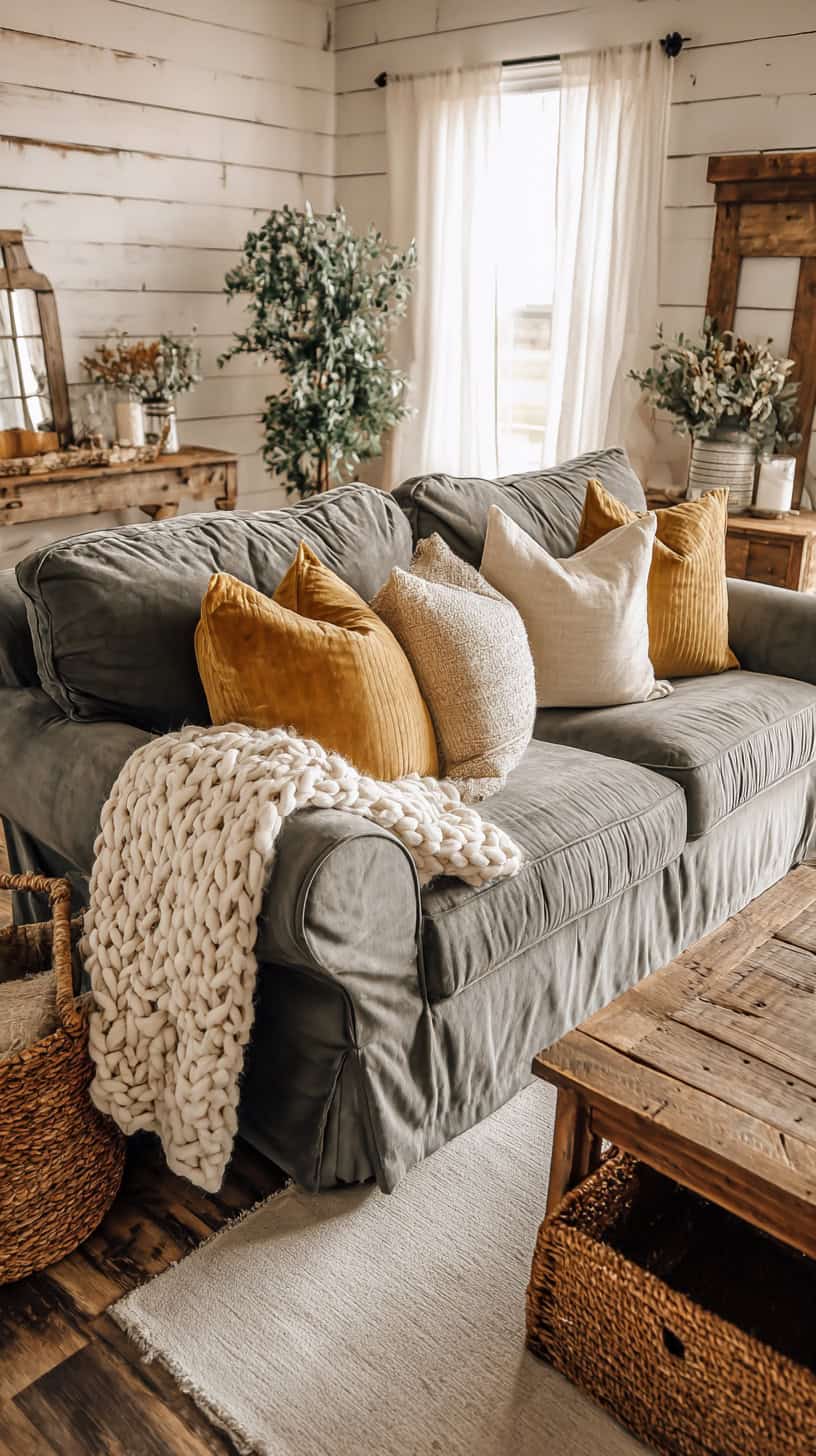 Farmhouse Living Room With Grey Couch - Image 2