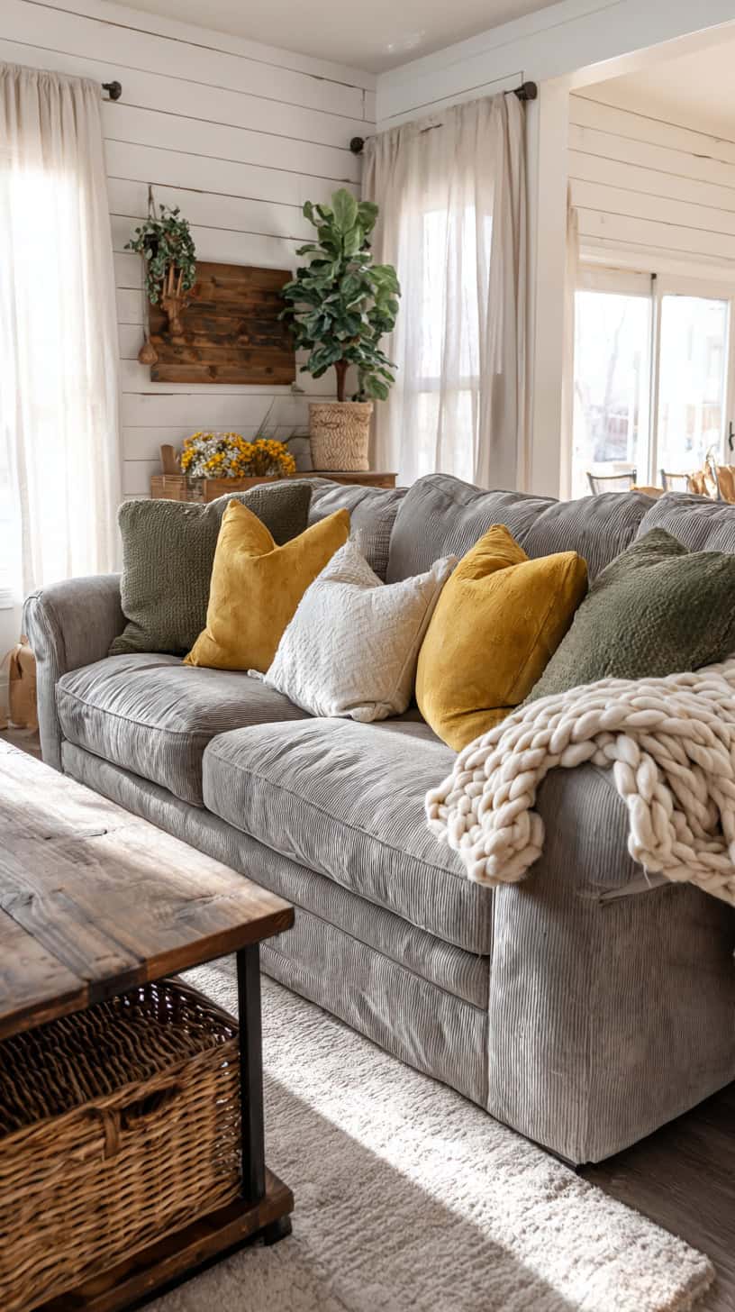 Farmhouse Living Room With Grey Couch - Image 1