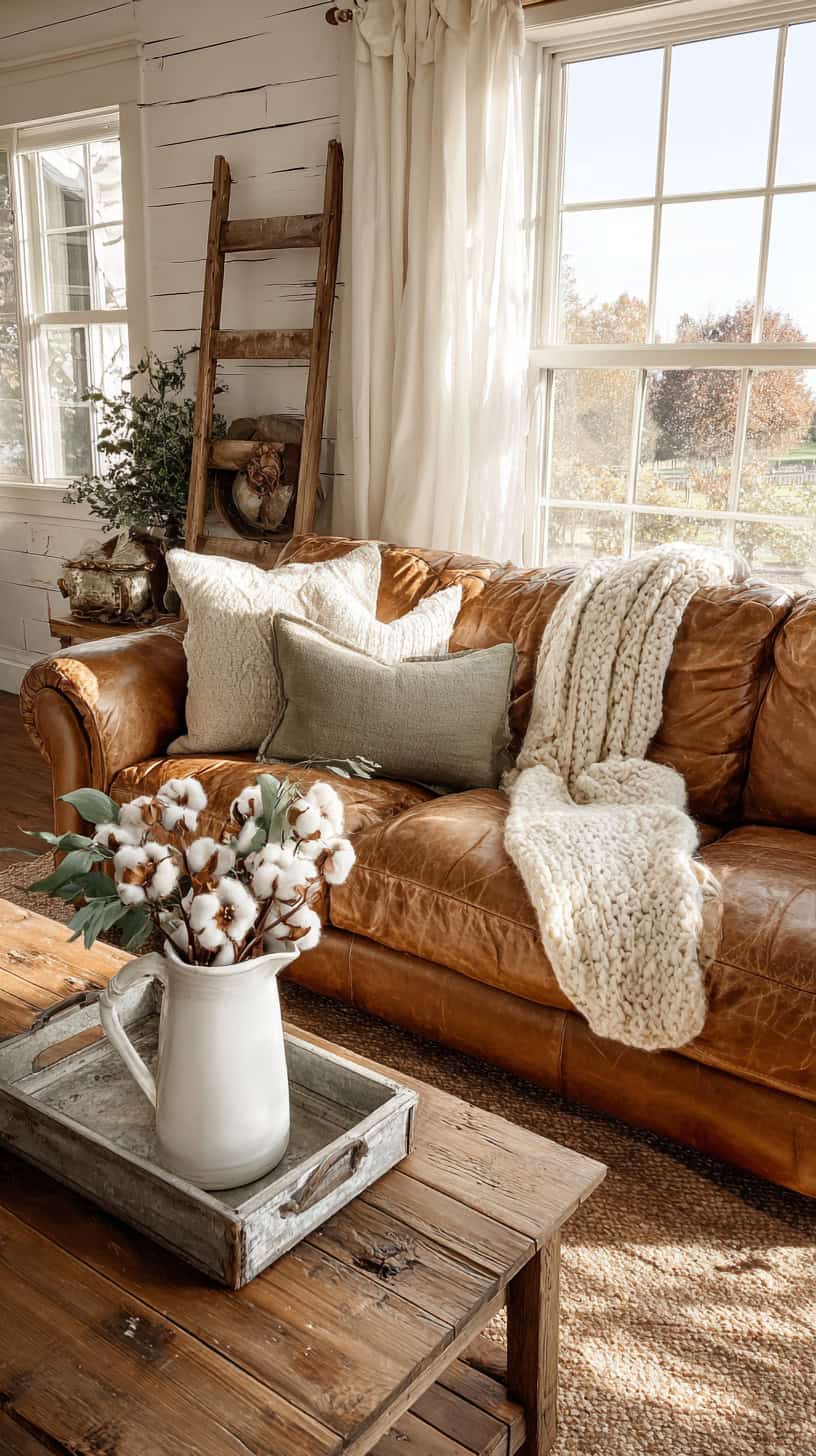Farmhouse Living Room With Leather Sofa - Image 1