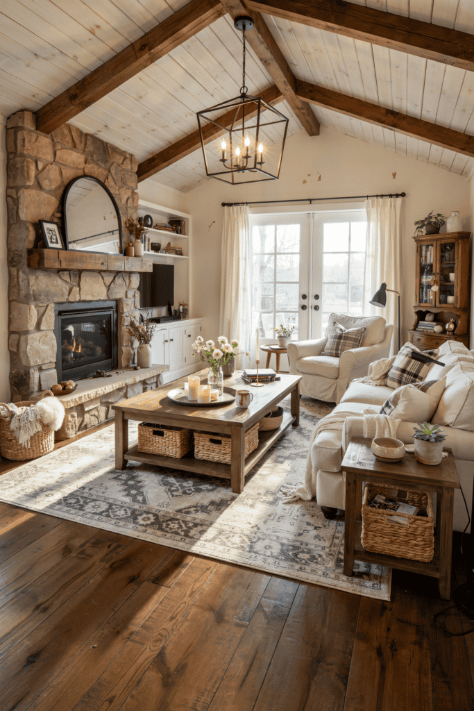 Cozy living room with a stone fireplace, wooden beams, and rustic decor, featuring a large rug and light streaming through French doors.