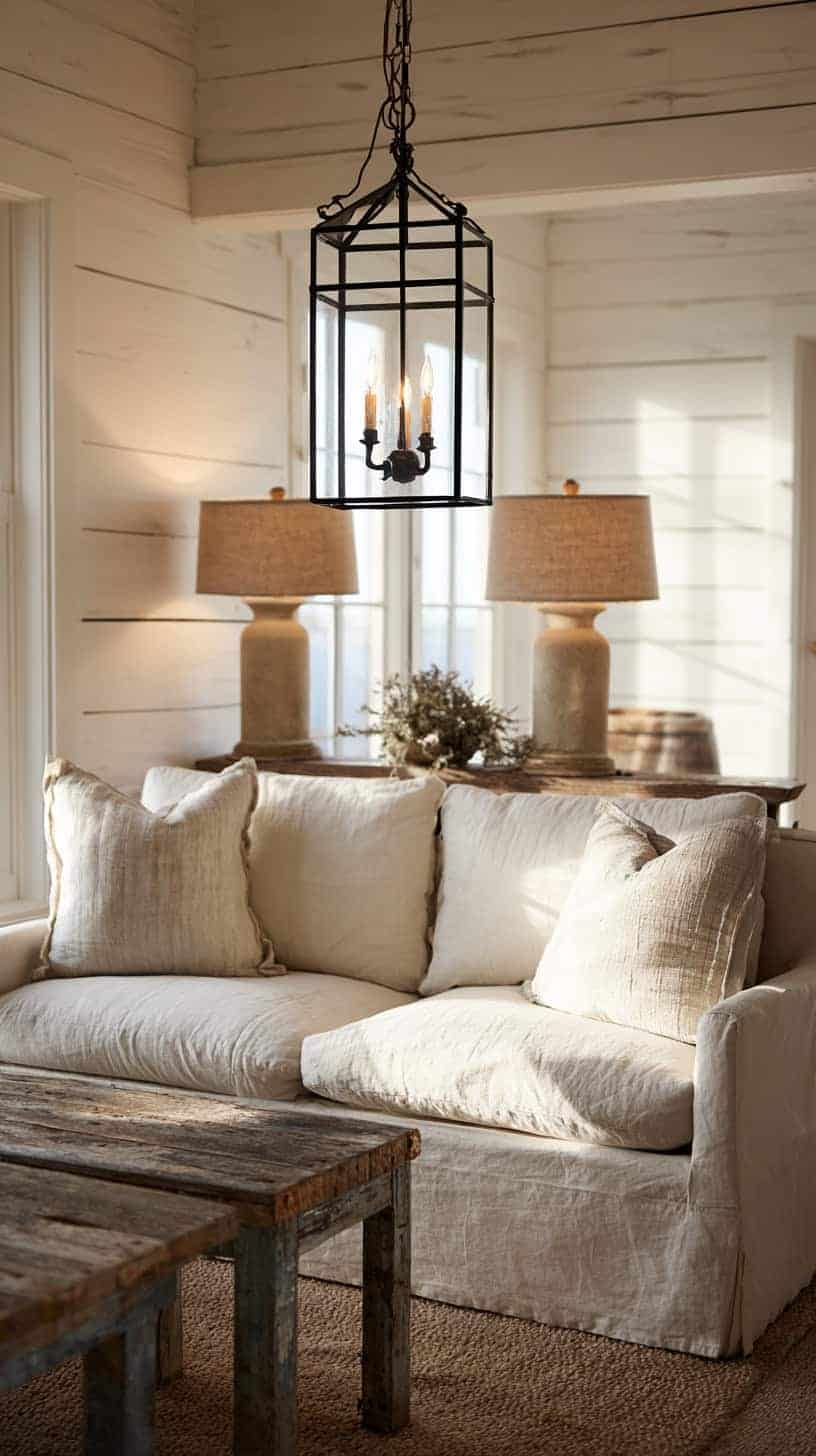 Beige sofa with cushions in a cozy room featuring a rustic wooden table, lantern-style chandelier, and two lamps.