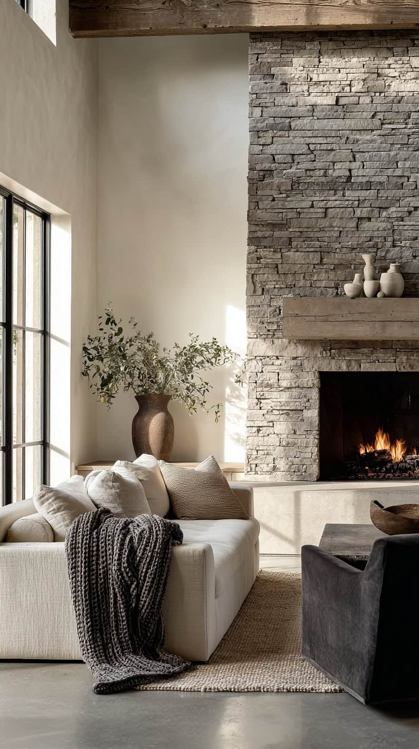 Modern Farmhouse Living Room With Stone Fireplace - Image 1
