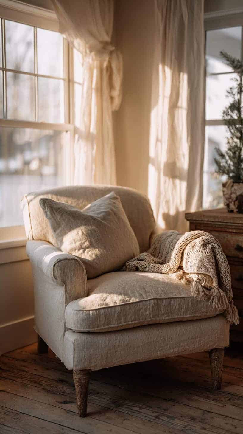 A cozy armchair with a textured blanket and pillow, bathed in warm sunlight near a window.