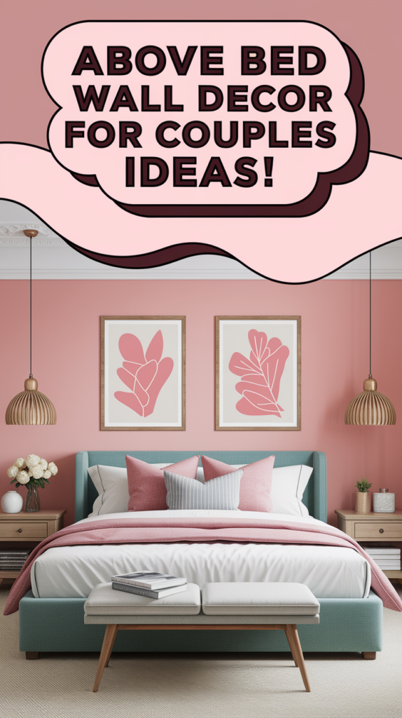 Bedroom with a pastel pink wall, two abstract leaf prints, and a teal bed with pink and white bedding.