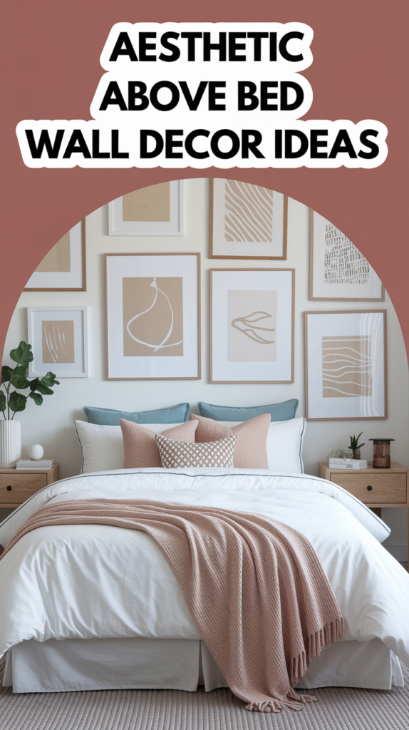 A neatly made bed with pastel pillows and a blanket in front of framed abstract art on the wall.