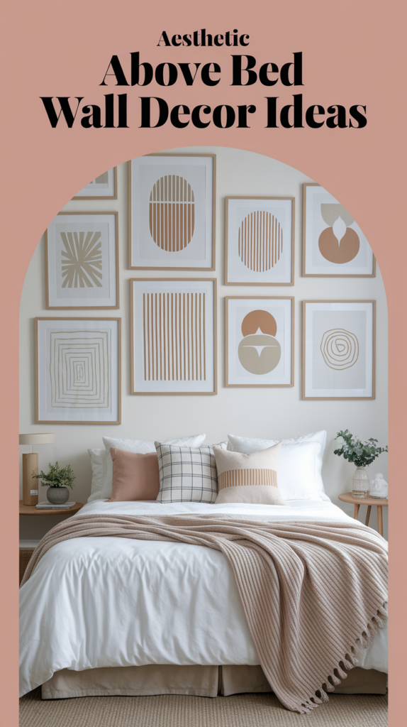 Minimalist bedroom with geometric artwork above the bed, featuring neutral tones and cozy textiles.