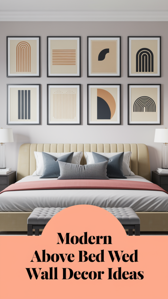 A modern bedroom with a gallery wall of abstract art above the bed, featuring neutral and geometric designs.