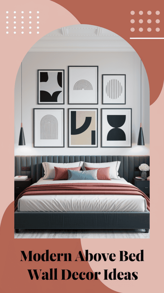 Modern bedroom with geometric art above the bed and two wall sconces.