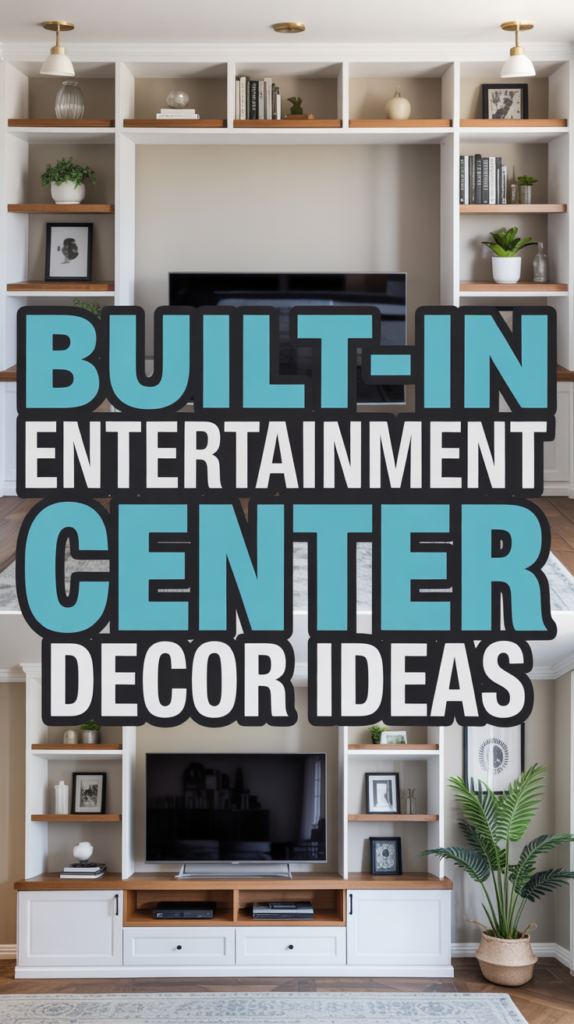 Built-in entertainment center with decor ideas text, featuring shelves with books, plants, framed photos, and a TV.