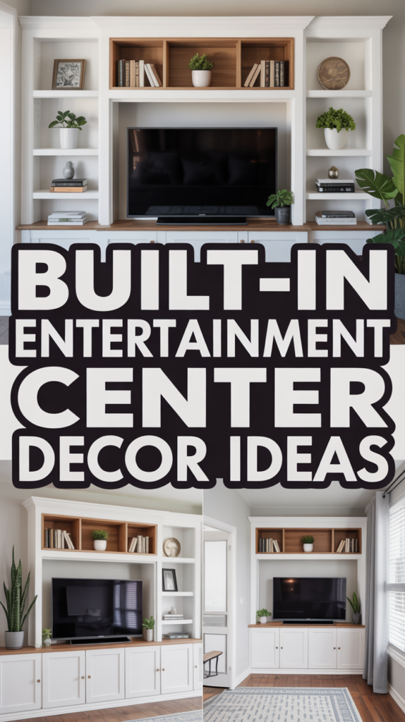 Collage of built-in entertainment centers with decor ideas, featuring shelves, plants, and a wall-mounted TV.