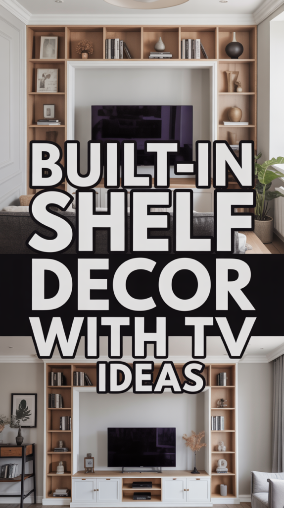 Split image showing two living room setups with built-in shelves around a TV and decorative items.