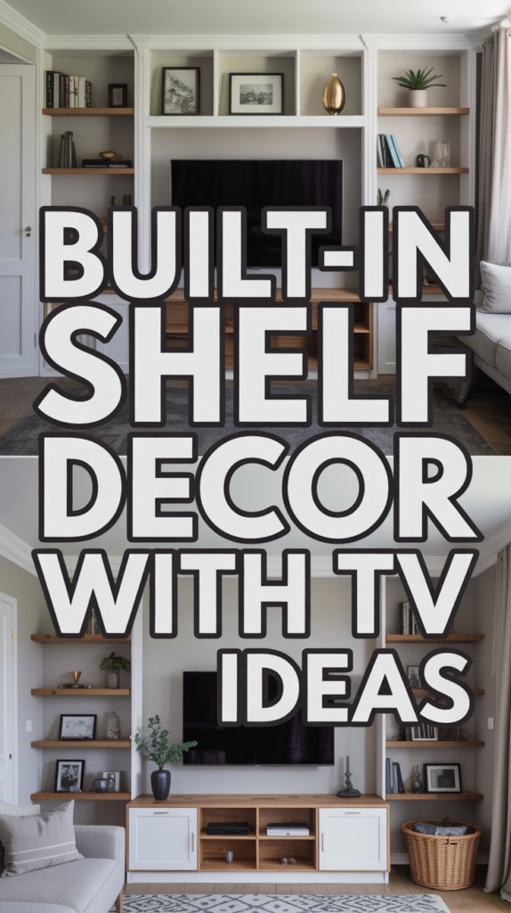 Living room with built-in shelves around a TV, featuring various decor items.