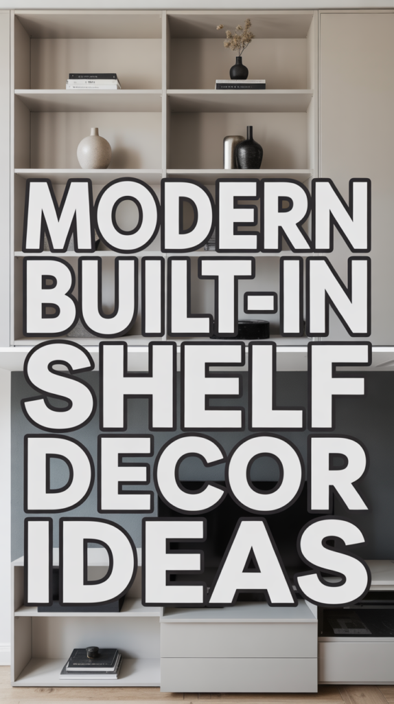 Text over a modern living room built-in shelf says "Modern Built-in Shelf Decor Ideas."