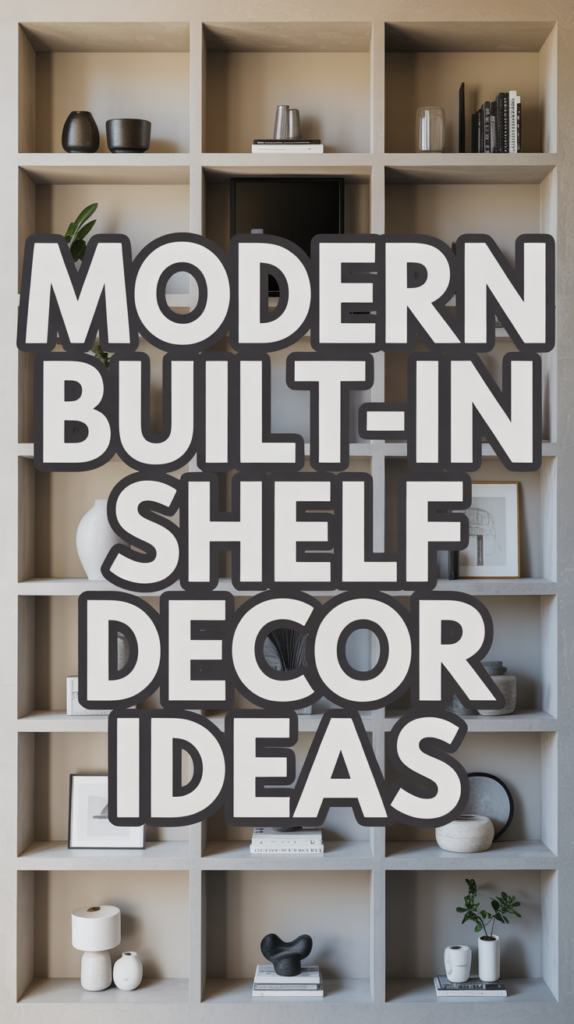 Text reads "Modern Built-In Shelf Decor Ideas" over a display of neatly arranged shelves with minimalist decor items.